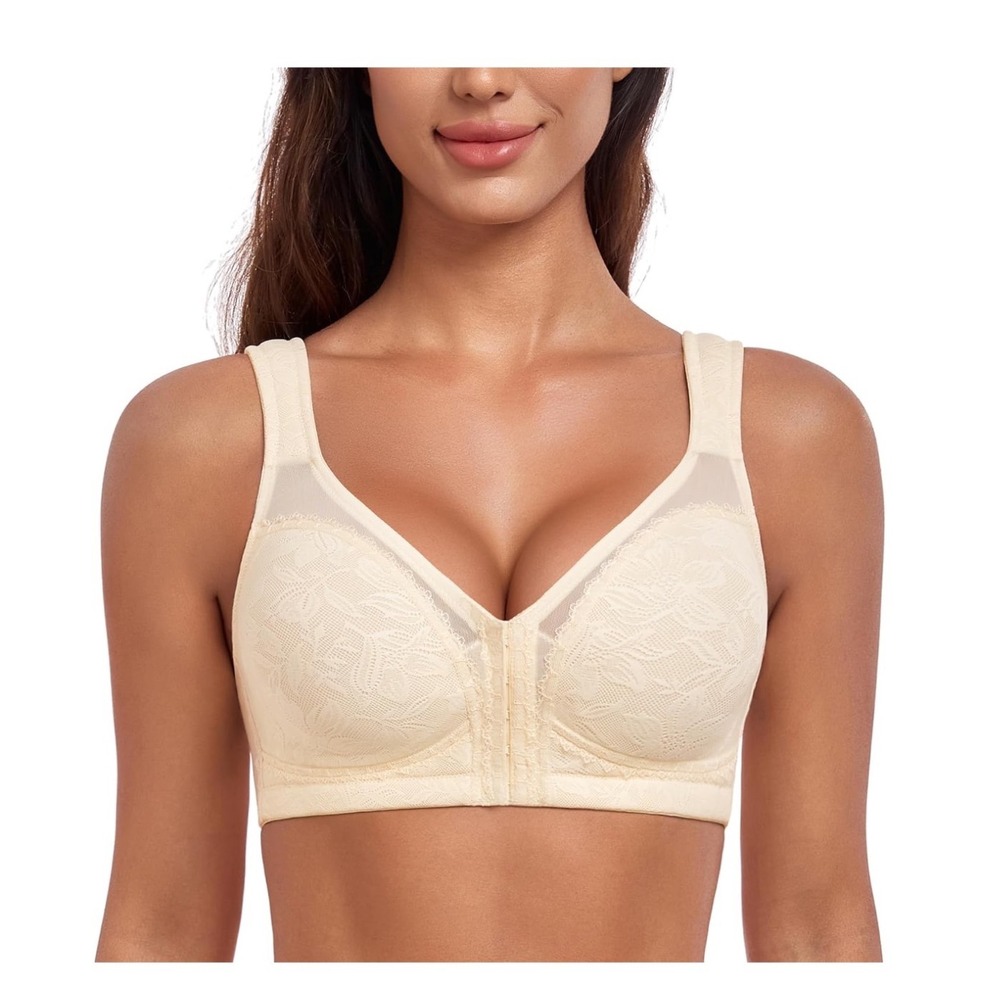 NEW HACI Posture Bra Women 34DD Beige Front Closure Wireless Lace Back Support